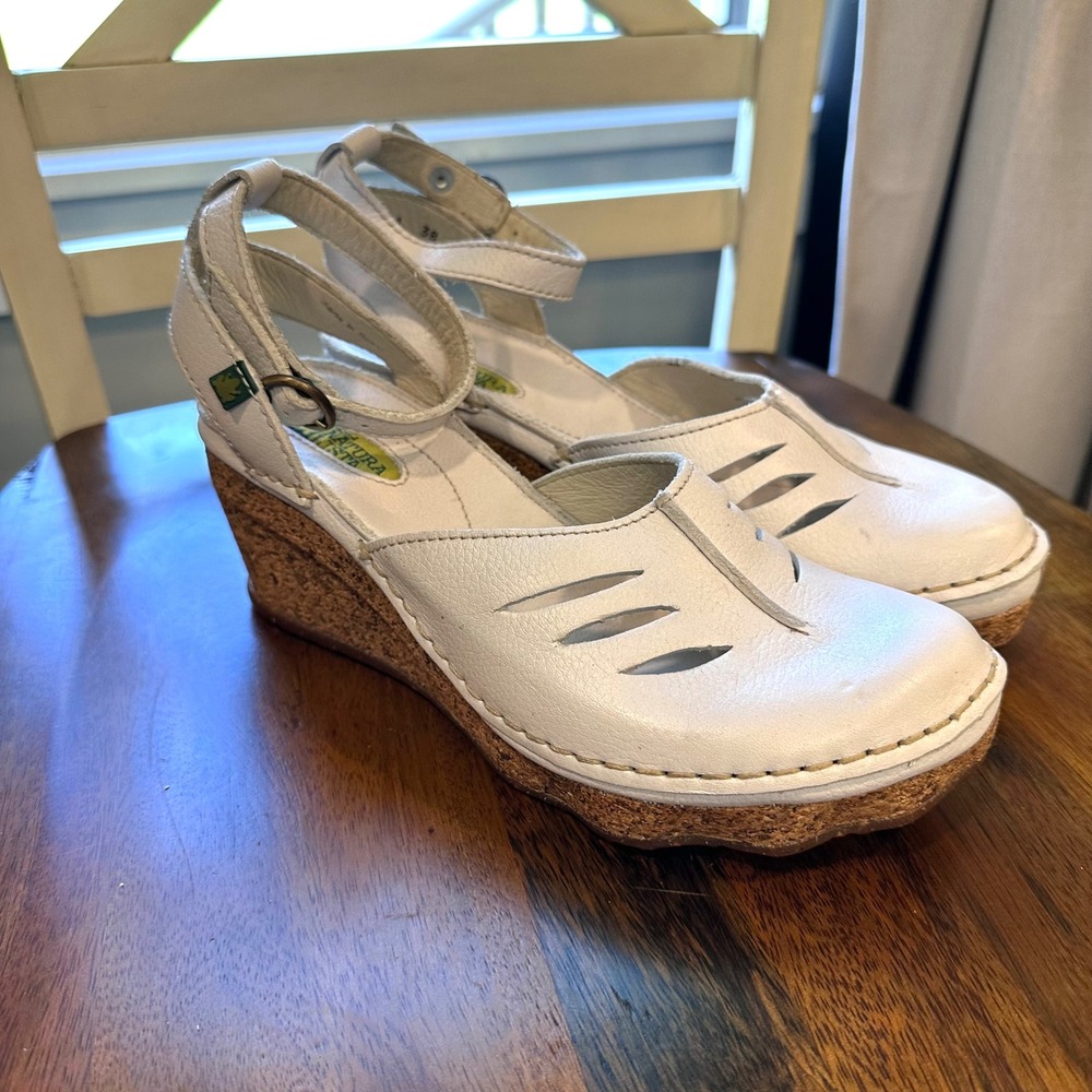 El Naturalista Wedge Sandals Womens 38 White Leather Cork Platform 401 Spain - Picture 2 of 16